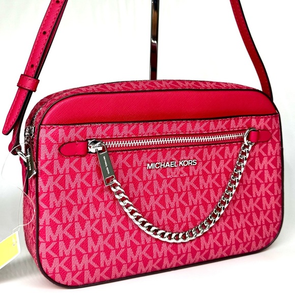 Michael Kors Large Jet Set Large Signature Logo Crossbody Bag - Dark Raspberry - Picture 3 of 10